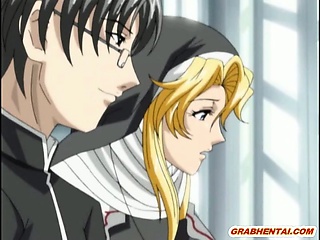 Hentai nun gets squeezed her boobs by perverted priest